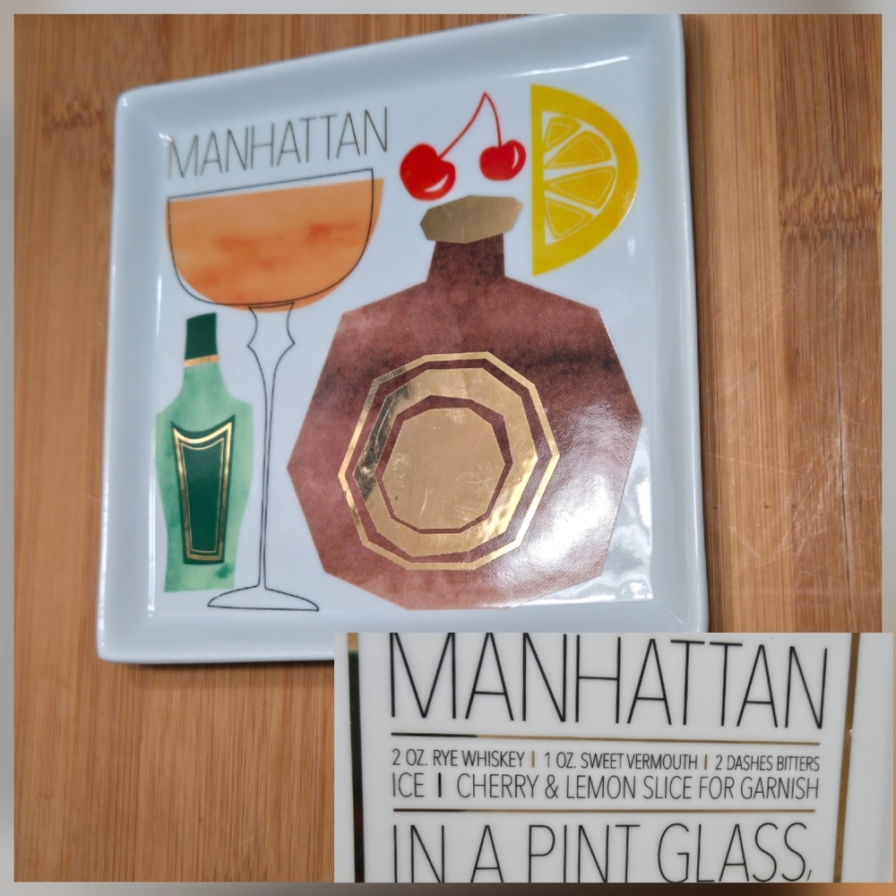 Crate & Barrel Manhattan Recipe Plate Trinket Dish Appetizer, recipe on back